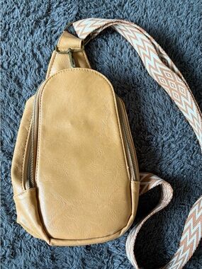Faux Tan Leather Crossbody Sling Bag with Patterned Strap